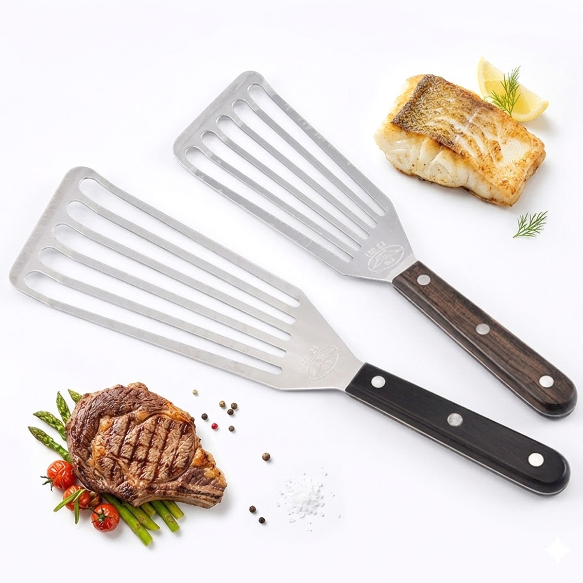 Offset Spatula Set - 魚用スパチュラ、ステンレス製金属スパチュラ、調理、反転、回転、揚げ物、グリル用の穴あきスパチュラ