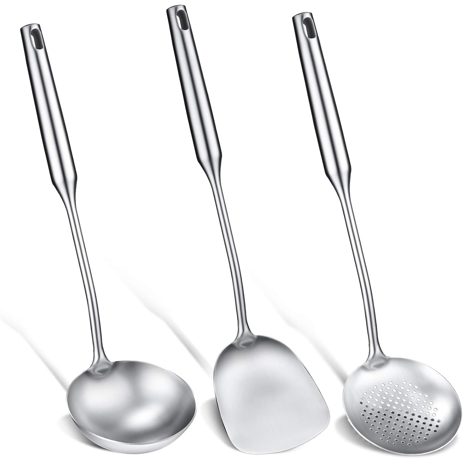Offset Spatula Set - 中華鍋用スパチュラ、おたま、大きな穴あきスプーン、ステンレス製中華鍋用具、オールメタル、スキマーおたまツールセット、15インチ