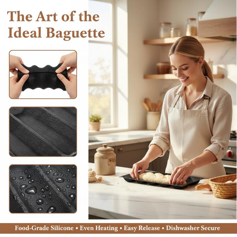 Kitchen Essentials Baking Tray - 5つの空洞があるホーギーロールパン、ノンスティック加工のフランスパン用トレイ、柔らかく折りたたみ可能で簡単に保管できるキッチンベーキング必需品