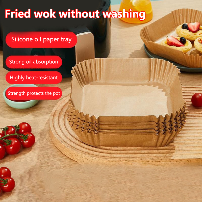 Kitchen Essentials Baking Tray - キッチン必需品：50枚入りノンスティック使い捨てエアフライヤー用油防止紙トレイベーキングパッド