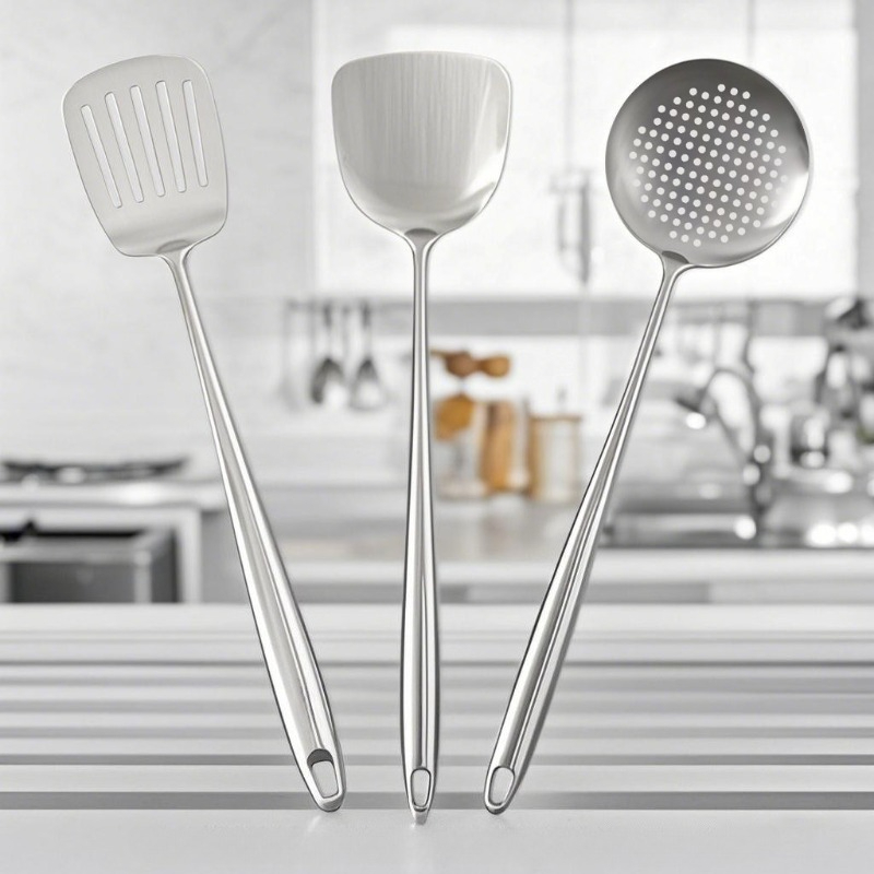 Offset Spatula Set - 食品用ステンレス製中華鍋用スパチュラ、金属製キッチン用品、穴あきターナー、スプーン、レードル、調理器具セット、キッチンアクセサリー