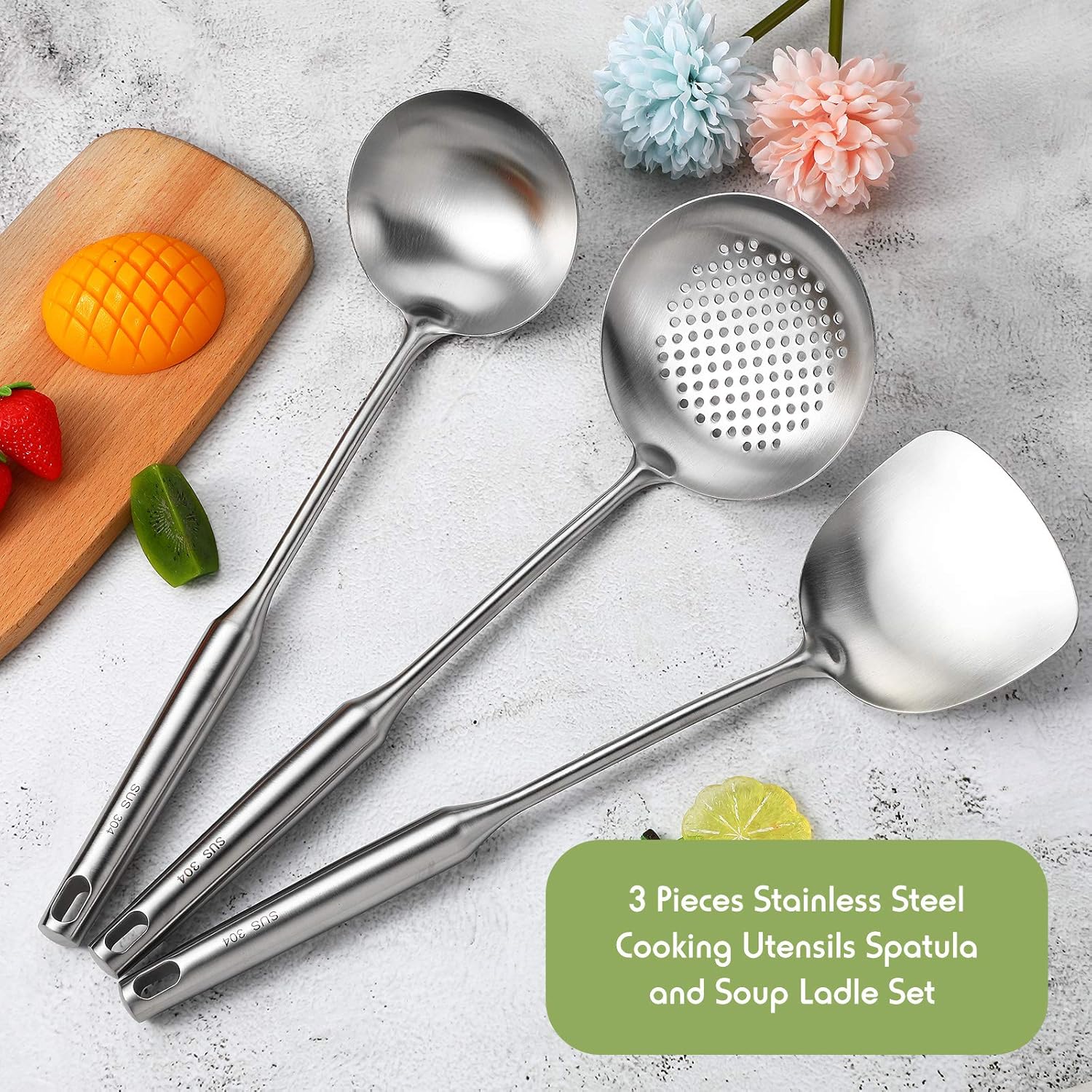 中華鍋用スパチュラ、おたま、大きな穴あきスプーン、ステンレス - Offset Spatula Set のレビューと価格