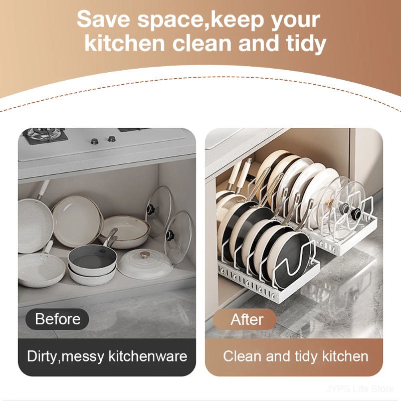 ホットセール多機能プルアウト式スライドキッチン収納ラック、鍋 - Kitchen Baking Pan Organizer のレビューと価格