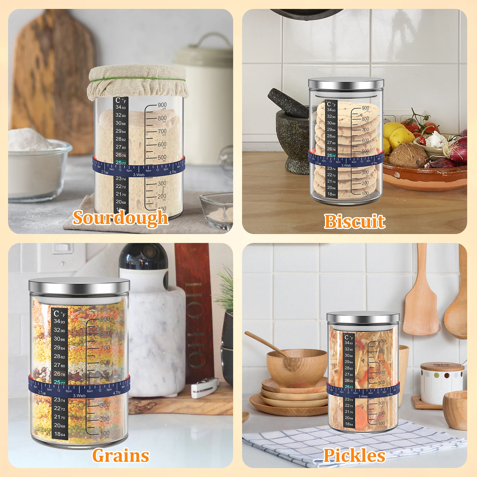 900mlサワー種酵母スタータージャー、透明ガラス容器、パン - Kitchen Baking Soda のレビューと価格