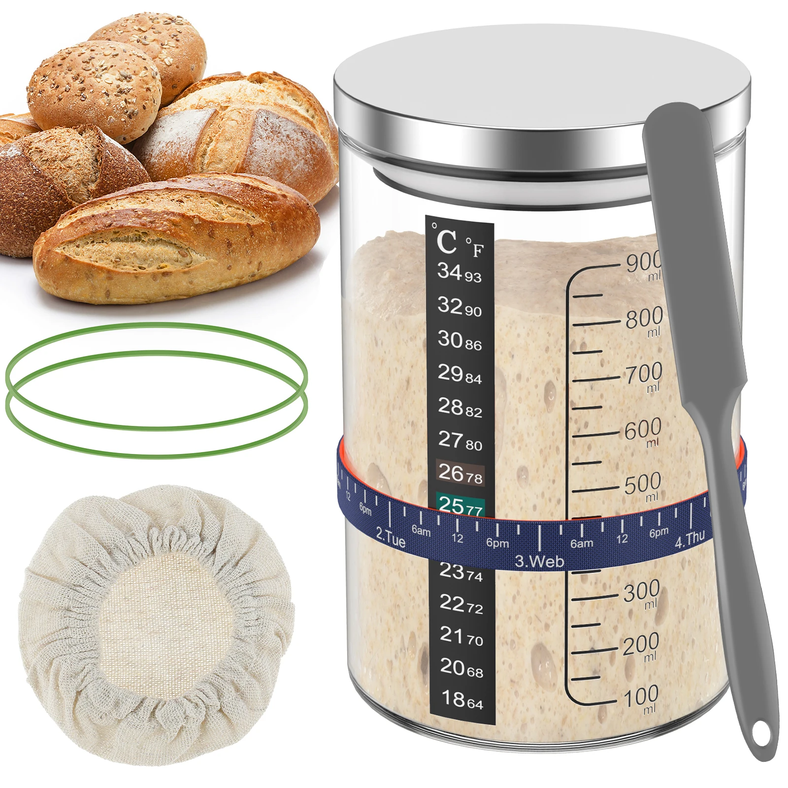 900mlサワー種酵母スタータージャー、透明ガラス容器、パン - Kitchen Baking Soda のレビューと価格